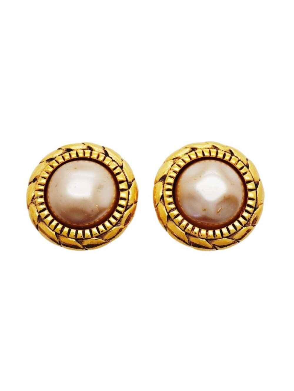 Chanel Earrings Vintage Round Circle Gold Plated Faux Pearl